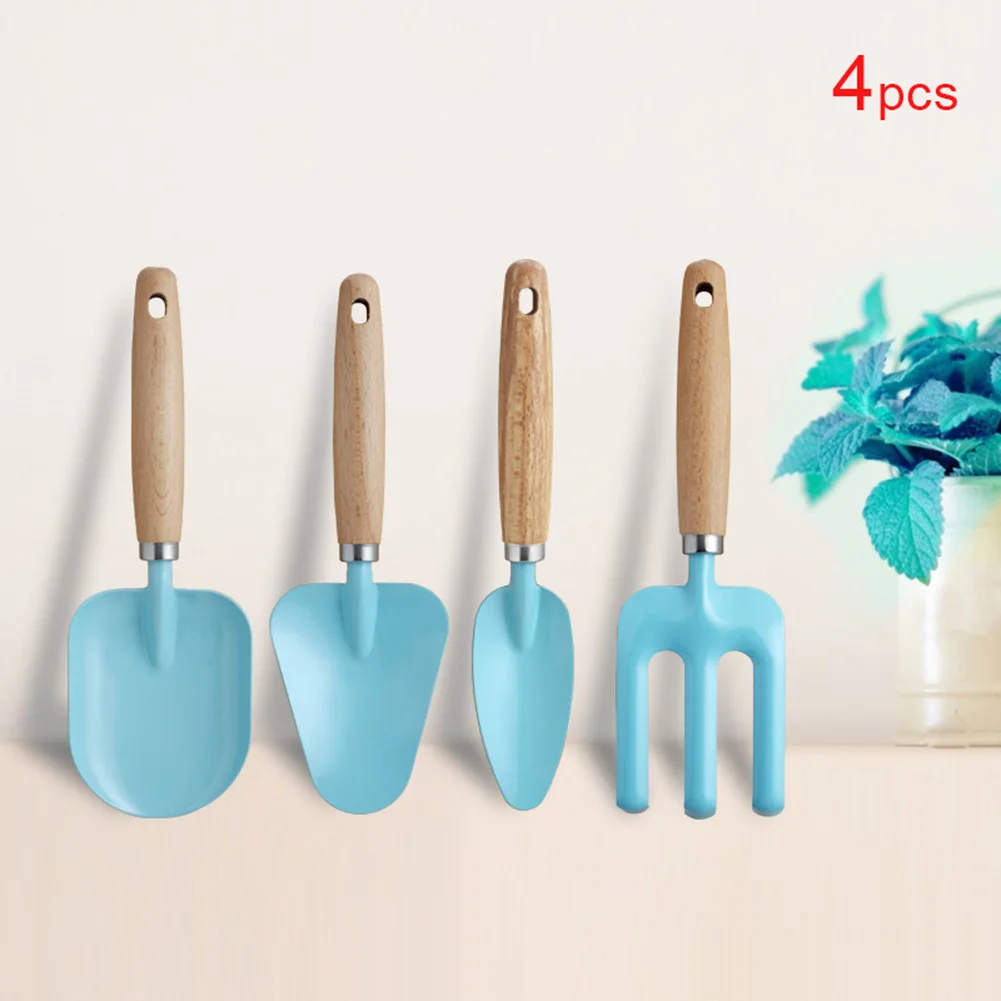4-Tool For childrens Gardening Set with Solid Wood Handles and Smooth-Metal Working Ends for Safe Ground Interaction