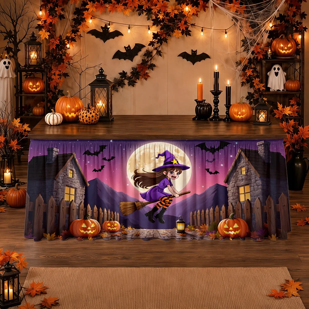 Tablecloth for Halloween theme - Magic Witch, Pumpkin Lantern, Full Moon Night Scene, Gothic Style, Autumn, Partyxzj