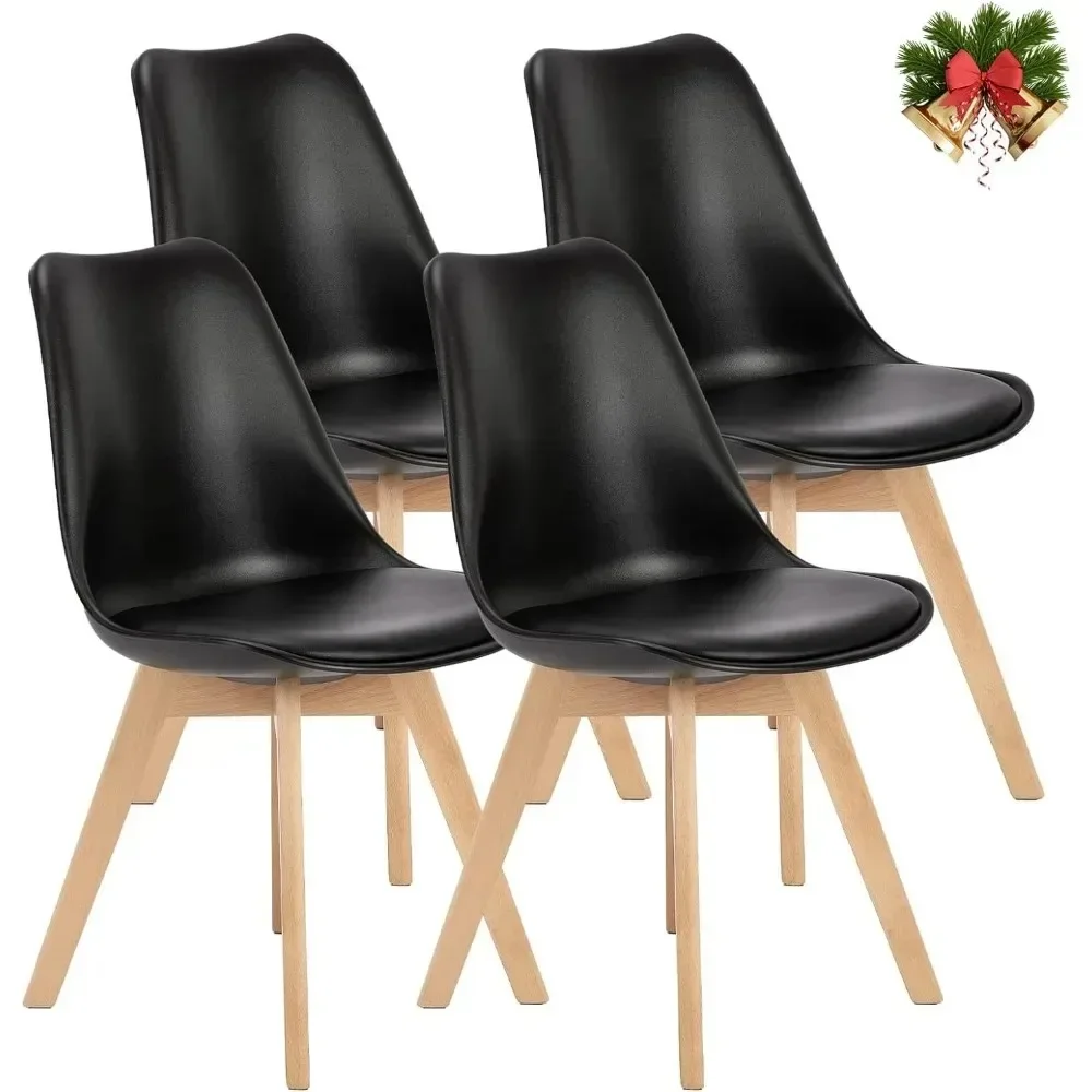 

Dining Chairs Set of 4, Mid-Century Modern Dining Chairs with Wood Legs and PU Leather Cushion, Kitchen Chairs for Living Room