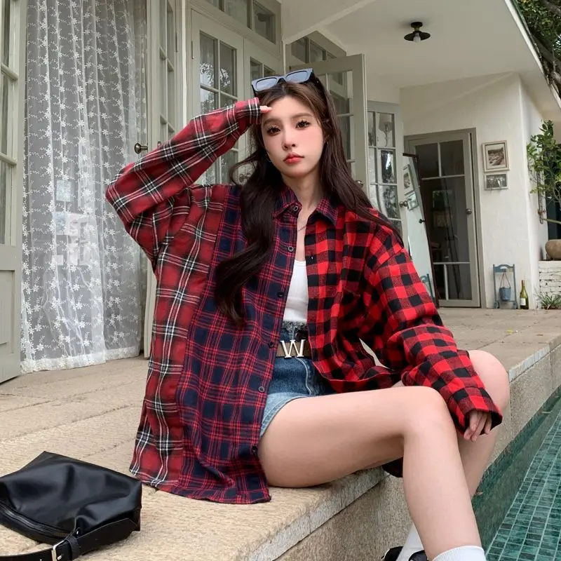 

Свободная рубашка в красную клетку с вставками, унисекс, весна-лето, повседневный стиль, с длинным рукавом, из полиэфирного волокна, для девочек, на каждый день, клетчатый топ