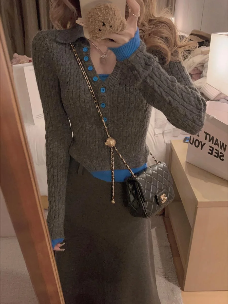 

Yukiss Lazy Sle Color Blo Woolen Knitted Top Women's Winter Korean Casual V-Ne Long Sve Slim Fit Single Piece