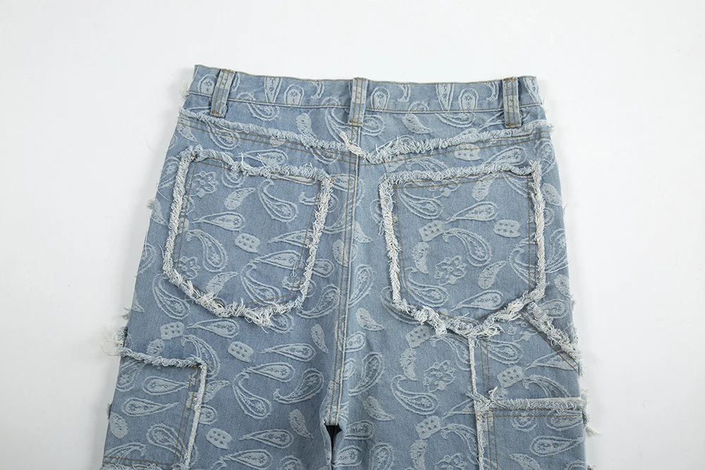 Jeans évasés baggy patchwork pour hommes, pantalons droits, zones bre, denim surdimensionné, fleur de cajou, effiloché urbain, Y2k