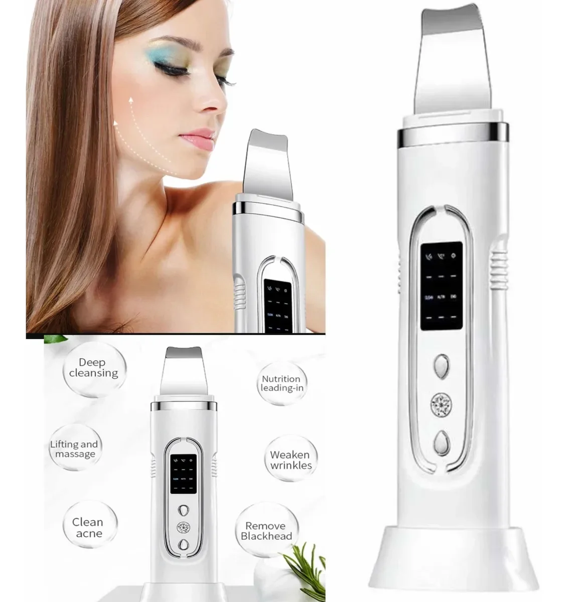 

Ultrasonic Skin Scrubber Facial Exfoliator Microcurrent EMS Blackhead Remover Pore Cleansing Tool & Skin Lifting Device Peeling