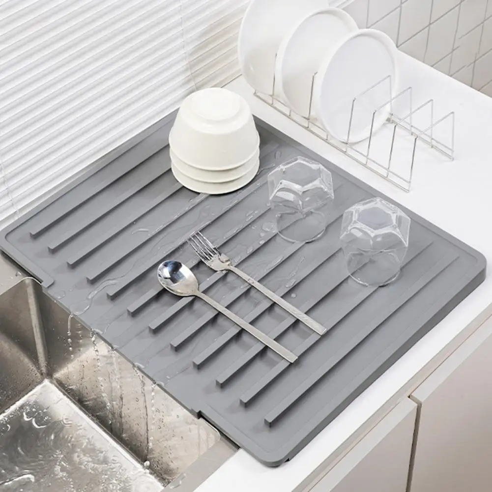 Thick Sink Drain Mat Silicone Sink Drain Mat Non-slip Heat Resistant Cutlery Holder Flexible Thick Dish Drying Mat with Slope
