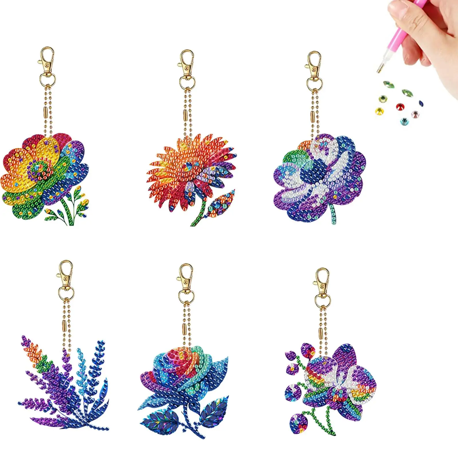 

6PCS 2D Flat Colored Flowers DIY Diamond Painting Keychain Diamond Art Kits