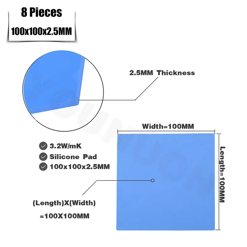 8 stks YOUNUON 100x100x0.5mm 1mm 1.5mm 2mm 2.5mm 3mm 4mm 5mm Blauw Wit Groen Combinatie Thermische Pads Koeling Geleidende Siliconen