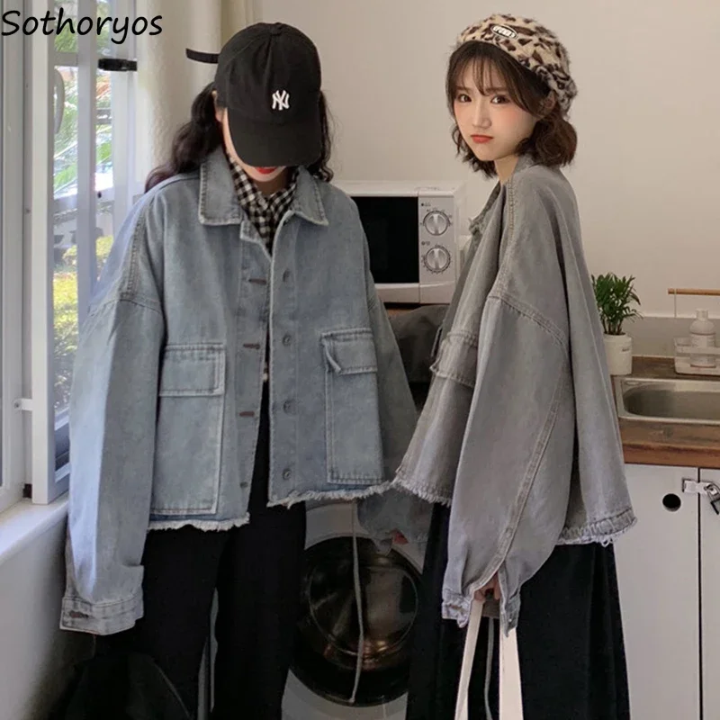 

Ins Vintage Korean Jackets Women Cropped Denim Outerwear All-match Loose Blue Cargo Ulzzang Harajuku Punk Trendy Classic Student