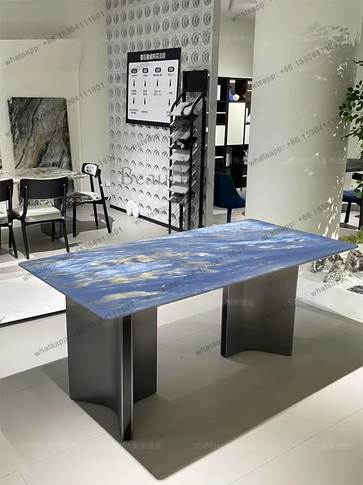 Blue crystal natural luxury stone dining table Italian simple high-end luminous atmosphere light luxury marble table