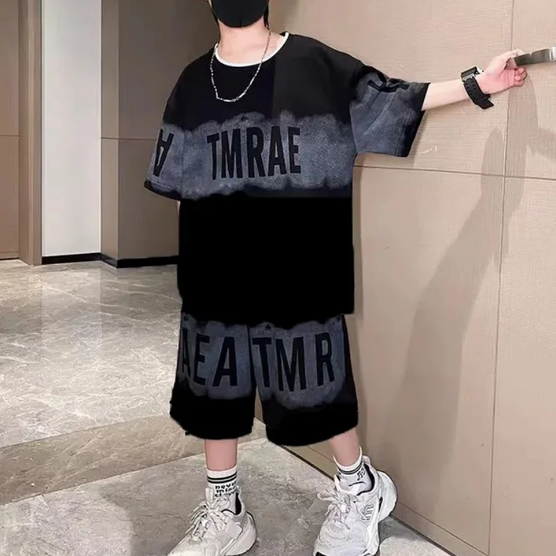 Summer Teens Boys Clothes set Outfit Streetwear Kid gradient black Casual Child letters top T-shirt+shorts Sports 2PCS 4-14Year