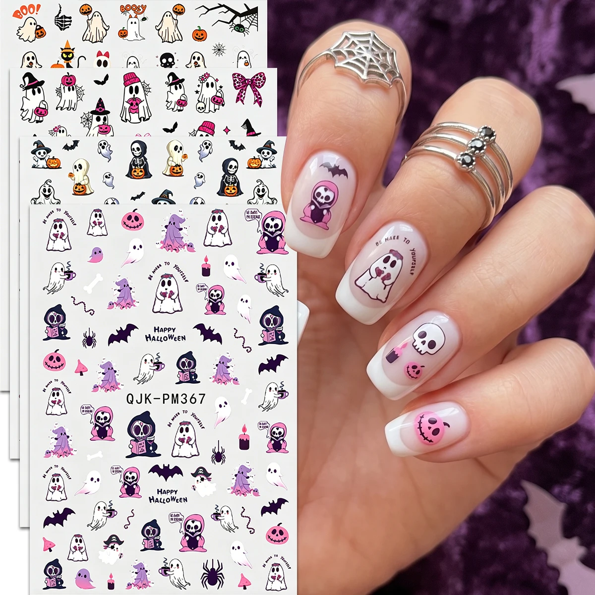 4 Stück Nageldekorationsaufkleber, Halloween-Cartoon-Motiv mit Geistern und Kürbissen, niedliche und lustige Halloween- und Totenfest-Partydekoration. – Detail 8