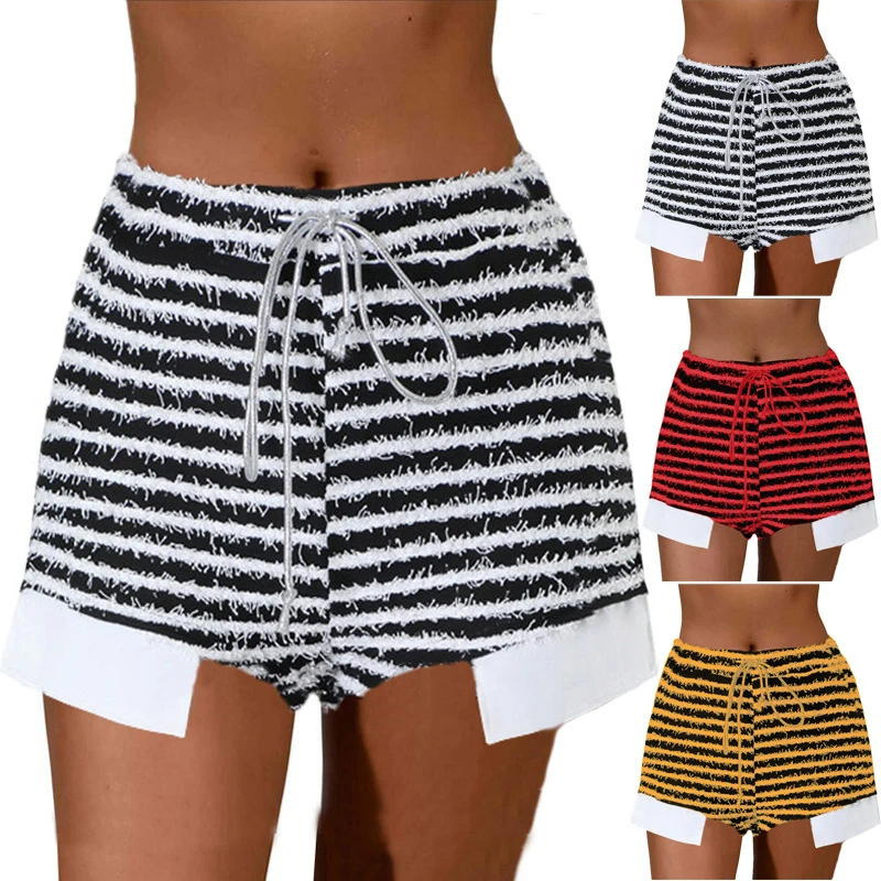 

Women Retro Striped Shorts Fashion High Waist Tied Knit Shorts Black White Striped Summer Beach Sports Casual Shorts 2023 summer