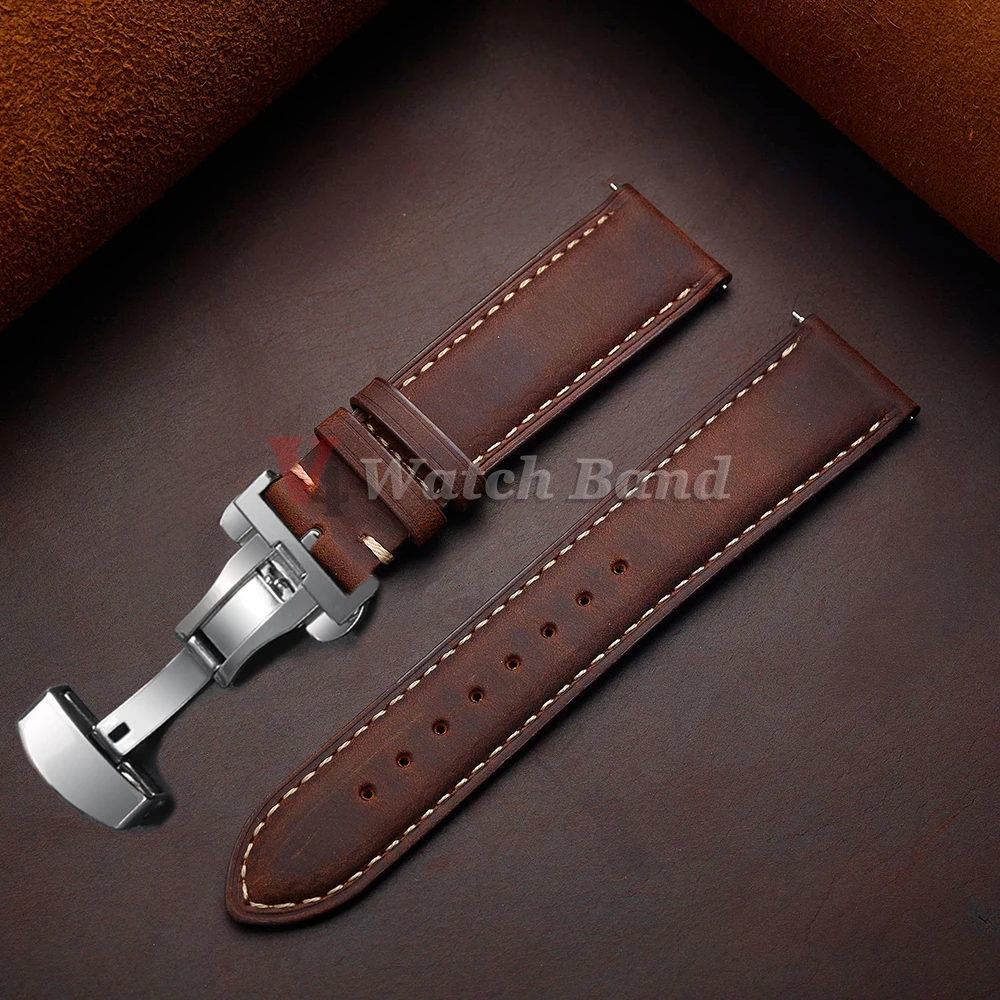 nxalp Echtes Kalbslederarmband für Omega Business Uhrenarmband für Seiko 14/16/18/20/22/24 mm Butterfly-Schnallennaht, braunes Armband 6