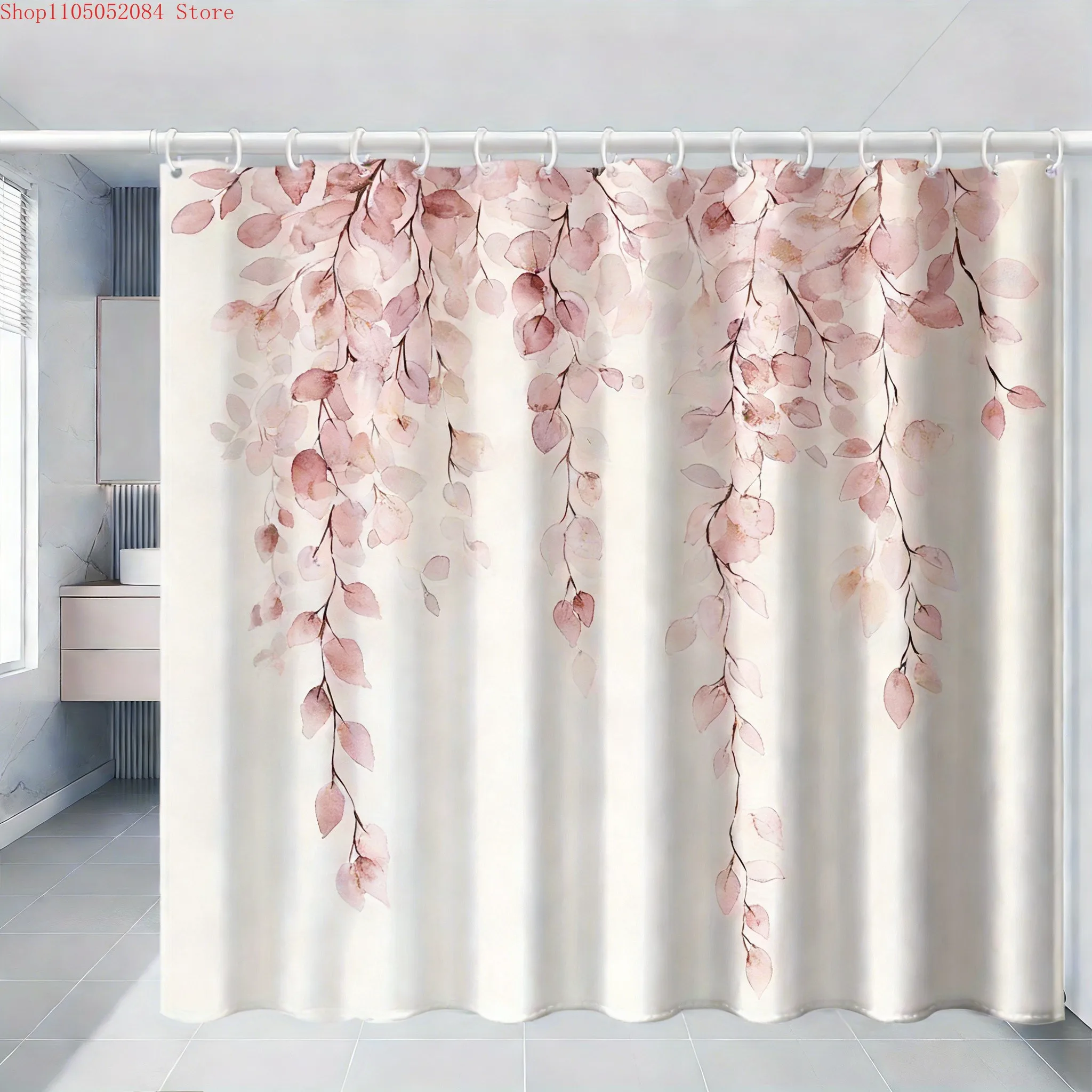 Weicher rosa Aquarell-Duschvorhang mit hängenden Blättern, wasserdicht, für Badezimmerdekoration