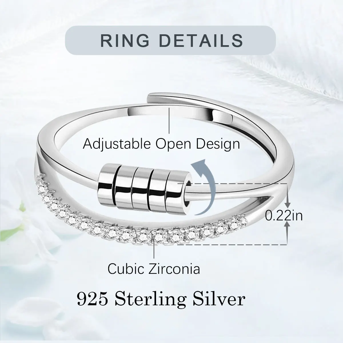 Set De 2 Anillos Anti-Estrés Ajustables Con Giro Y Cuentas Para Mujer Y Hombre, Metal Plateado, Diámetro 1.7 Cm, Regalo Para Ansiedad