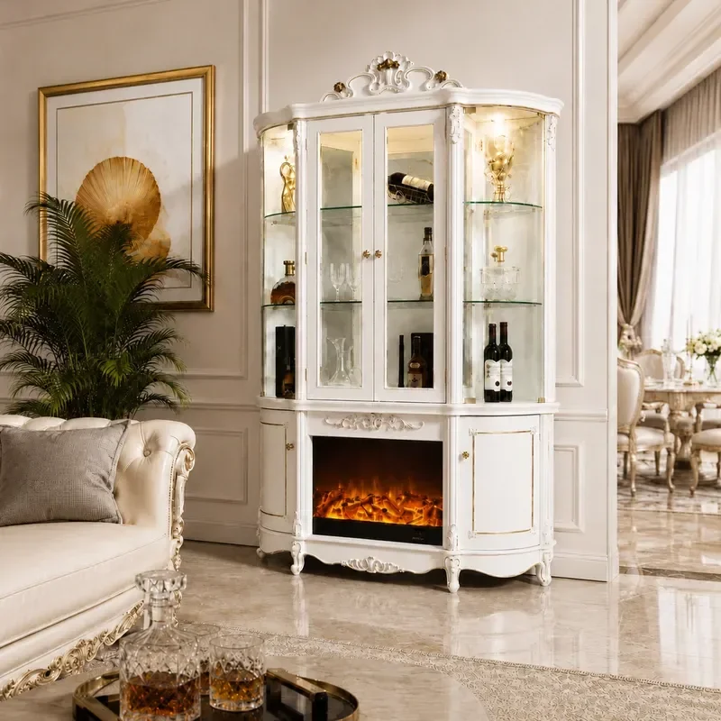 French Luxury Carved Dining Side Cabinet Four Door Wine Storage Semi Circular Curved Glass Display Cabinet for Living Room
