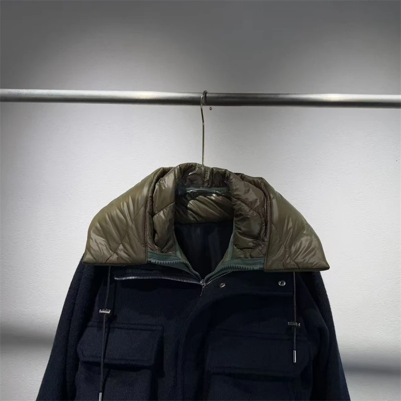 Abrigo de invierno de alta calidad para mujer, abrigo grueso de retazos cálidos de dos piezas con capucha de imitación, abrigo de algodón informal retro a la moda