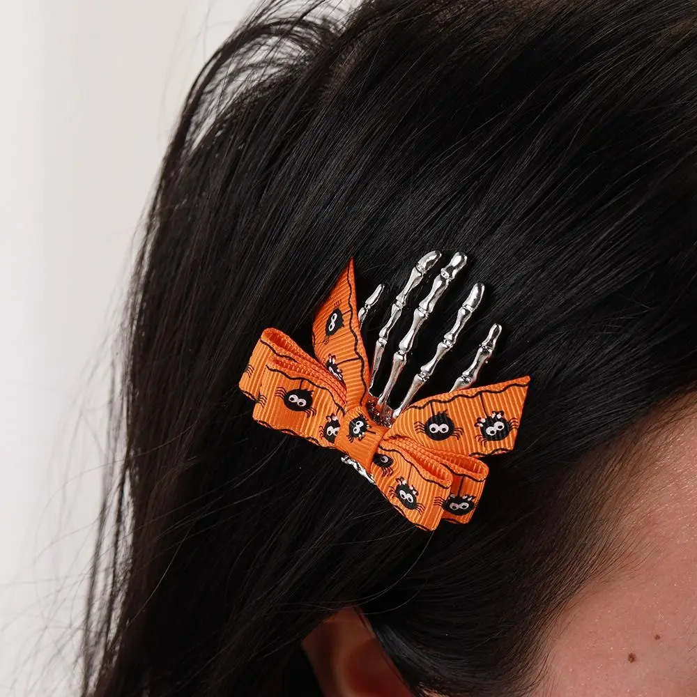 Retro Cloth Ghost Claw Hair Clip Skeleton Hair Accessories Bow Knot Hair Clip Headwear Halloween Hairpin Back Head