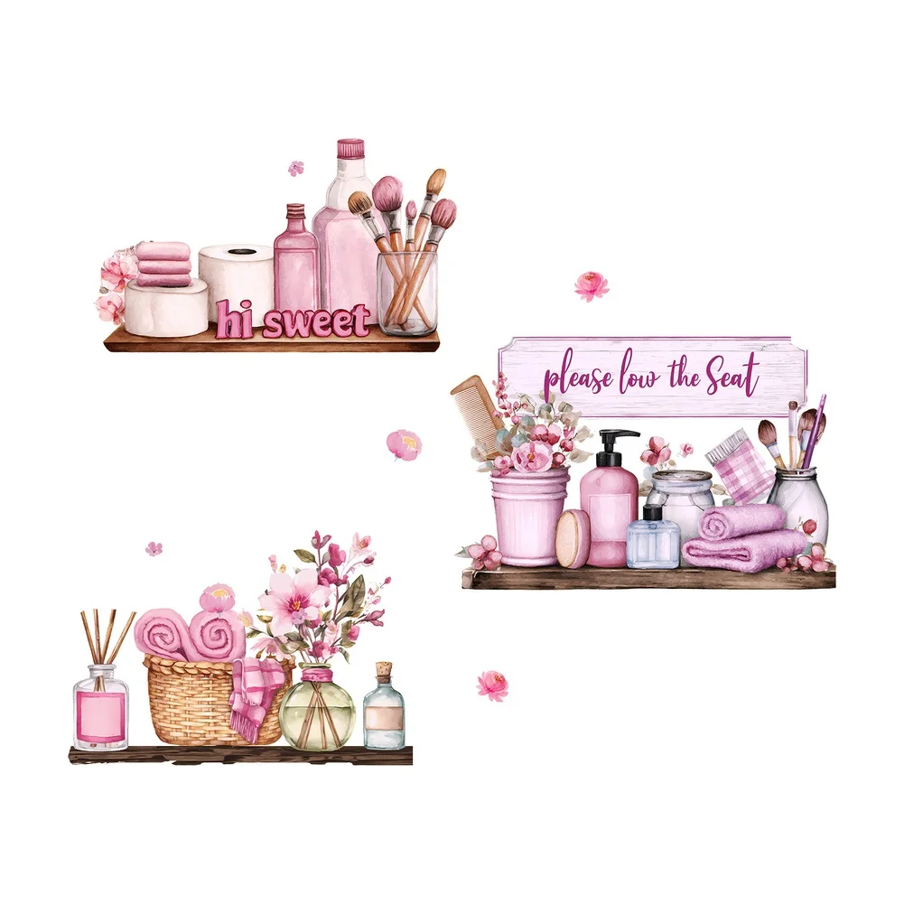 Makeup Brush Holder Vase Wall Decal 60*60cm Pink Vase Wall Stickers Wall Sticker Self-stick PVC Waterproof Finish