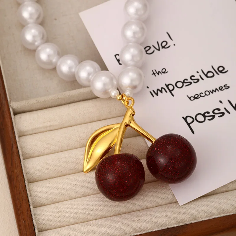 1PC White Copper Resin Cherry Pendant Beaded Pearl Necklace, Suitable for ladies everyday and party wear