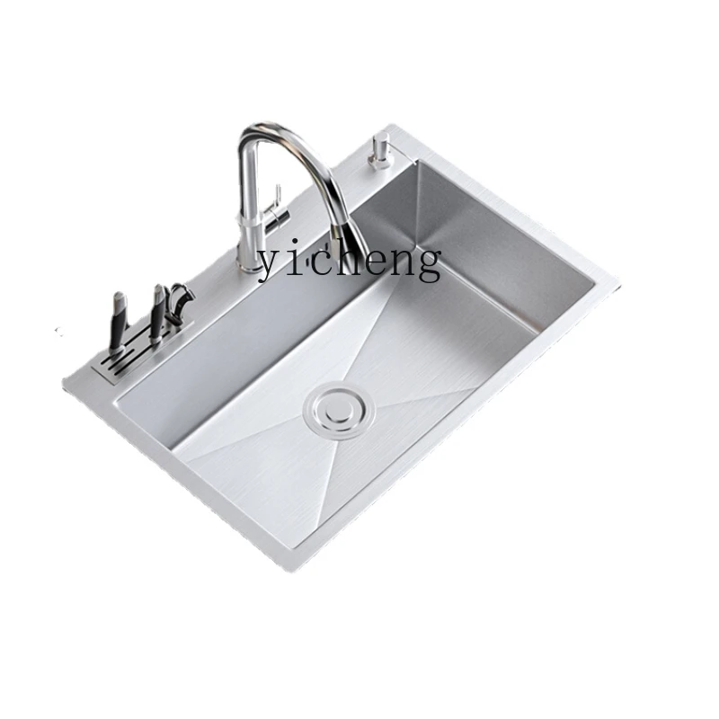 YY Stainless Steel Vegetable Washing Basin Household Kitchen Sink Large Single Sink with Knife Holder Dishpan