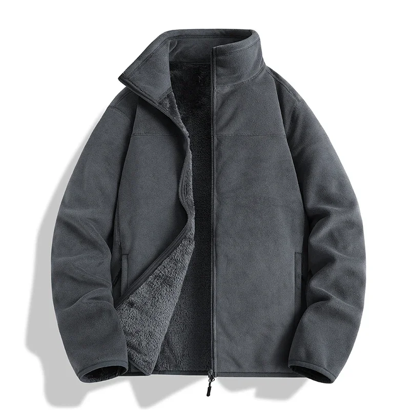 Herbstliche, leichte, beidseitig gefütterte Fleecejacke, Unisex, mit Stehkragen, dick, warm, mit flauschigem Innenfutter, Herren- und Damenmodell, thermische Oberbekleidung. – Detail 3