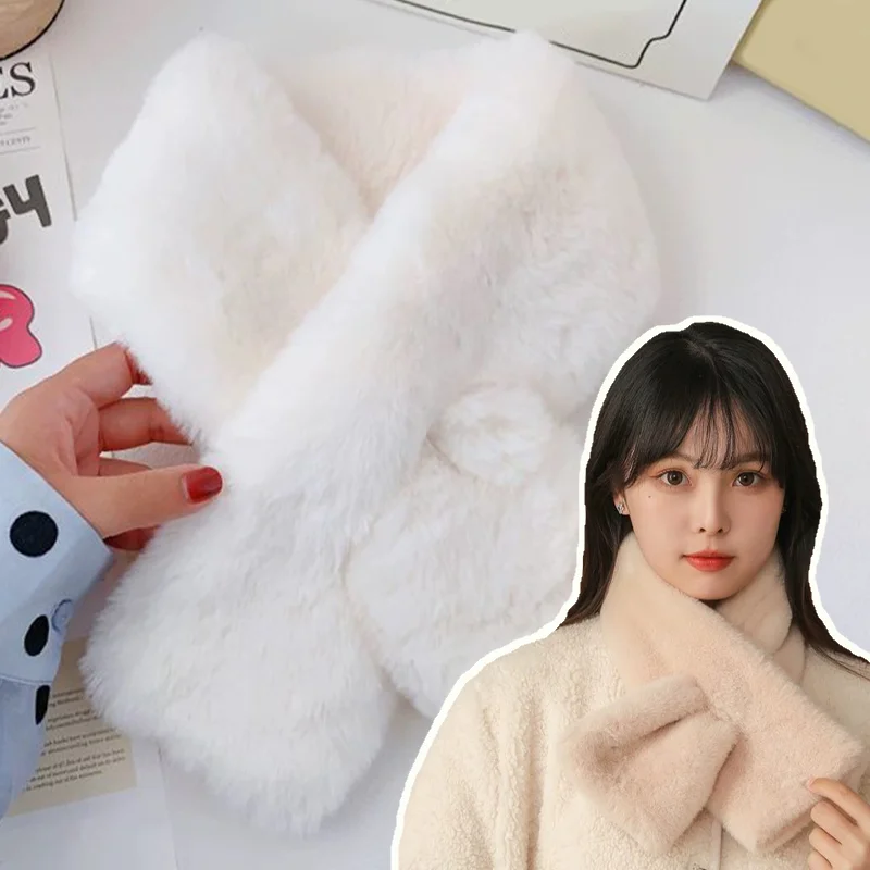 Fashion Korean Women Faux Rabbit Fur Collar Cross Plush Scarf for Female Winter Outdoor Thicken Neck Protection Warm Shawl Gifts