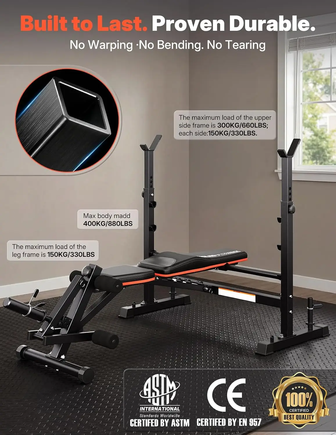 6-in-1 Adjustable Weight Bench Set Including Rack and Curl Pad, 880 lb Capacity