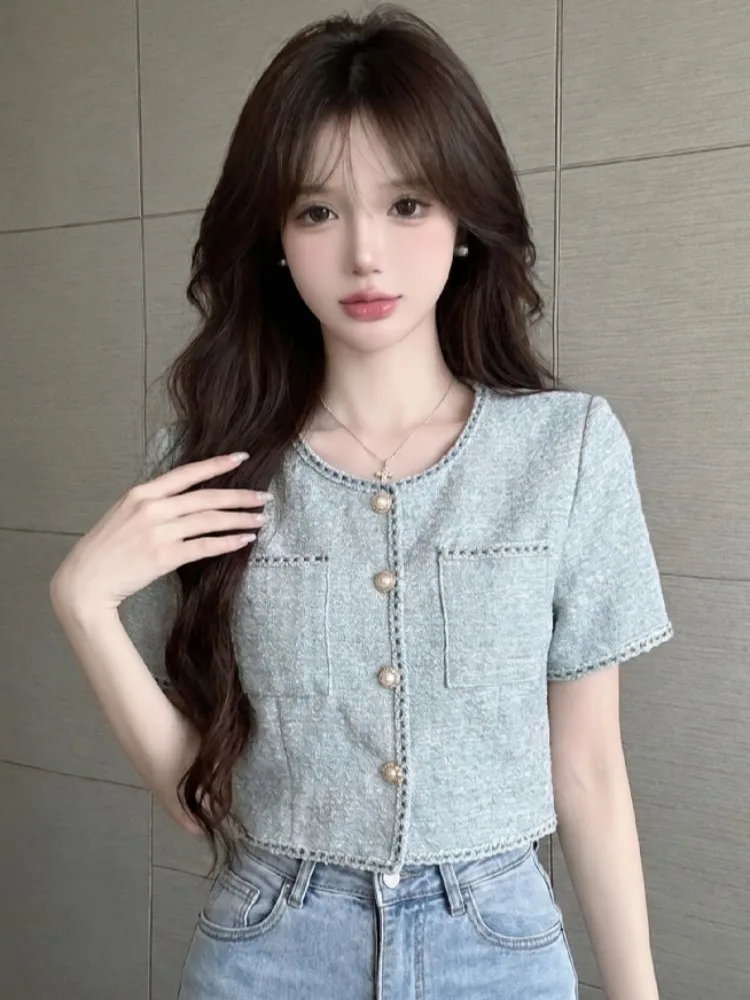 

Elegant round Neck Single Button Retro Short Jacket Summer New Fashion Versatile Women's Top Luxury Style Slim Fit Citywalk