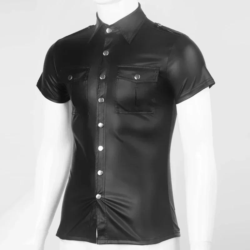 Plus Size Mens Shiny Leather T-shirt Glossy PVC Leather Short Sleeve Tees Male Turn-down Collar Shaping Latex Casual Tops Sexi