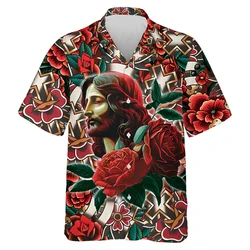 Savior Jesus Graphic Short Sleeve Shirts For Men Clothes Hawaiian Flower Button Women Beach Shirts Christianity Cross Blouses