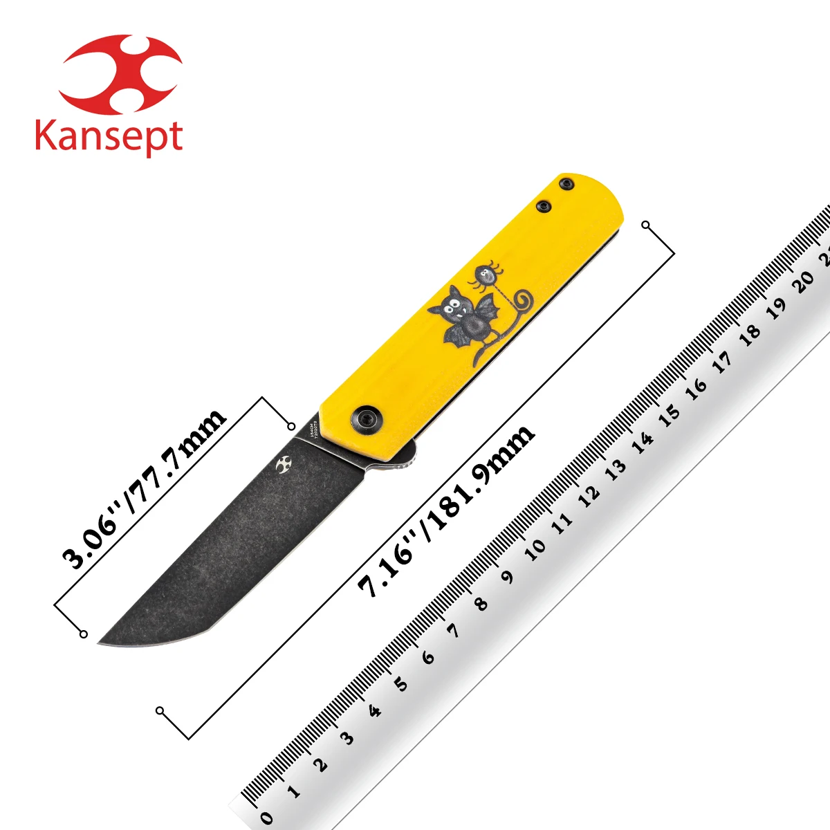 Kansept Foosa T2020T8 Pocket Knife Halloween Black TiCn-154CM Blade with Yellow G10 with Bat Print Designed by Rolf Helbig