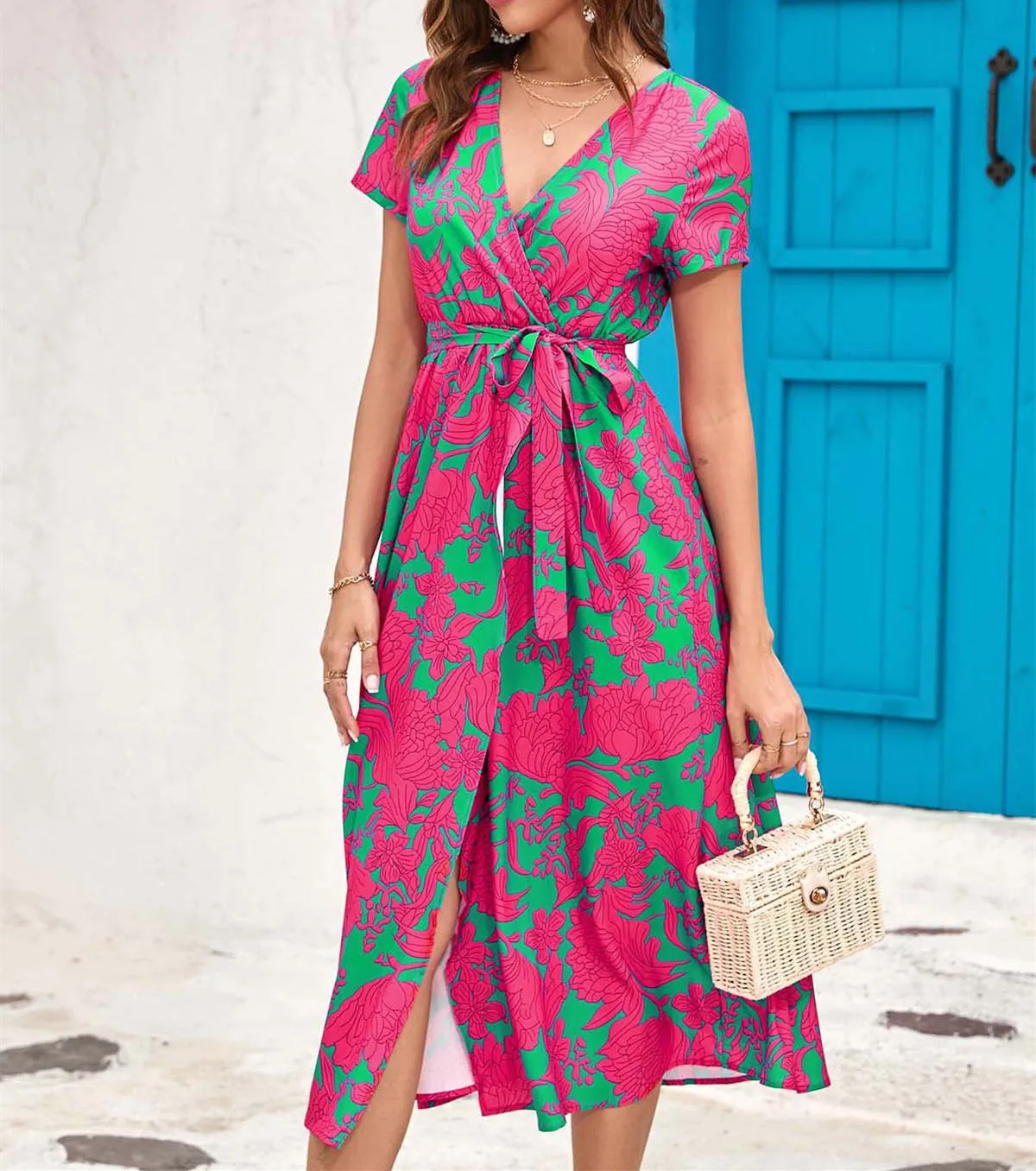 أزياء جديدة عارضة قصيرة الأكمام الخامس الرقبة طباعة الأزهار صالح ومضيئة الدانتيل متابعة سبليت فضفاض منتصف العجل اللباس، 6 ألوان