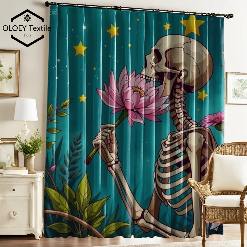 

Skeleton Man's Night Print Curtains - Customized Patterns Curtains for Living Room Bedroom Window Drapes Fun Halloween Custom