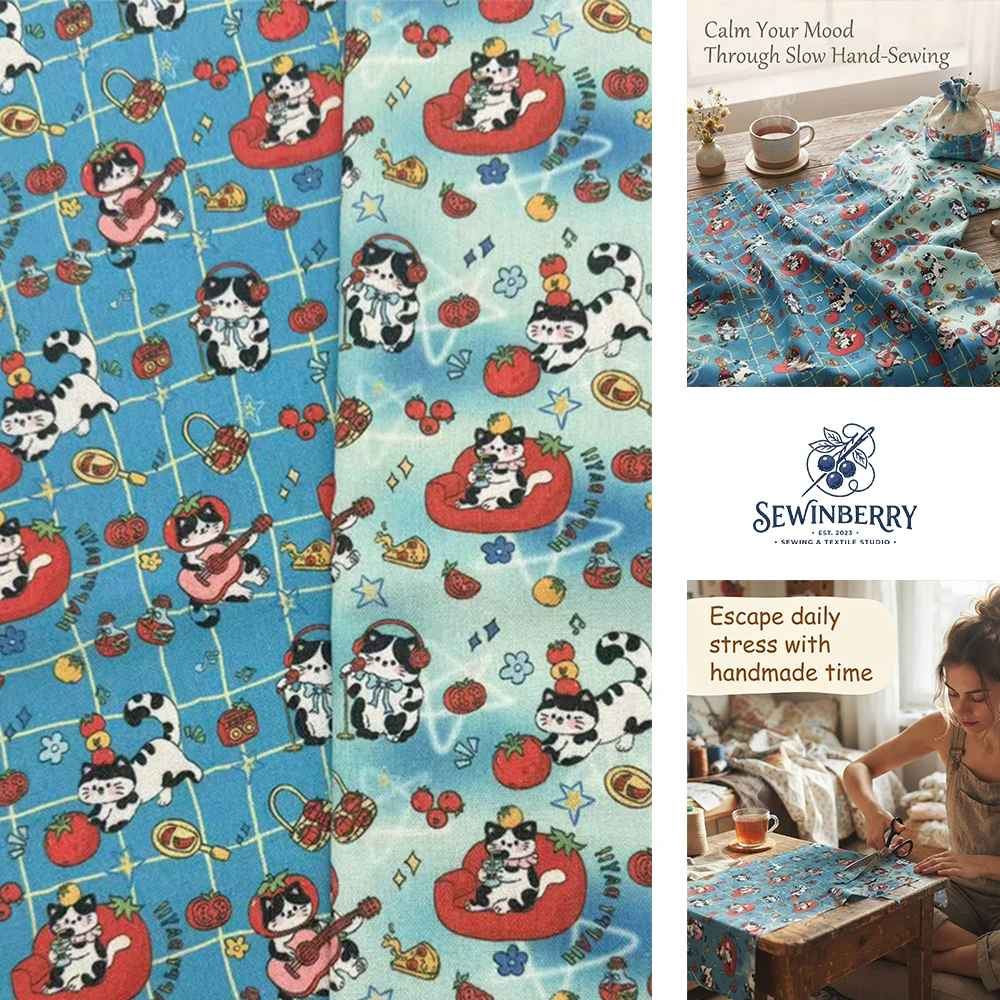 Tela de algodón con estampado de gato rockero de dibujos animados retro Kawaii, material de costura DIY para aliviar el estrés, para vestidos de niños, bolsas y manualidades lindas hechas a mano.