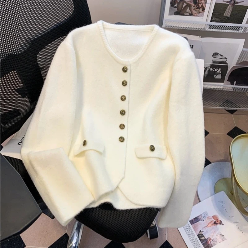 Korean Solid Long Sleeved Sweater For Women 2024 Single Breasted Round Neck Knitted Cardigan Autumn Winter Loose Female Tops