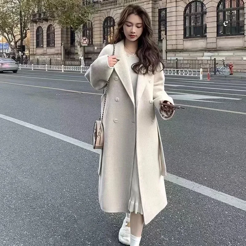 

Korean Fashion Women Casual Loose Woolen Coat Elegant and Chic Solid Outerwear Long Overcoat with Belted Female Warm Cloak