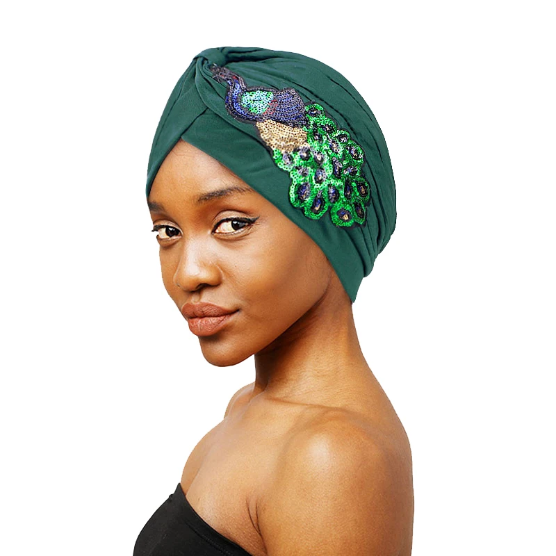 Indian Turban Women Sequin Peacock Hat Muslim Hijab Twist Knot Headscarf Beanies Bonnet Hair Loss Headwear Chemo Cap Skullies