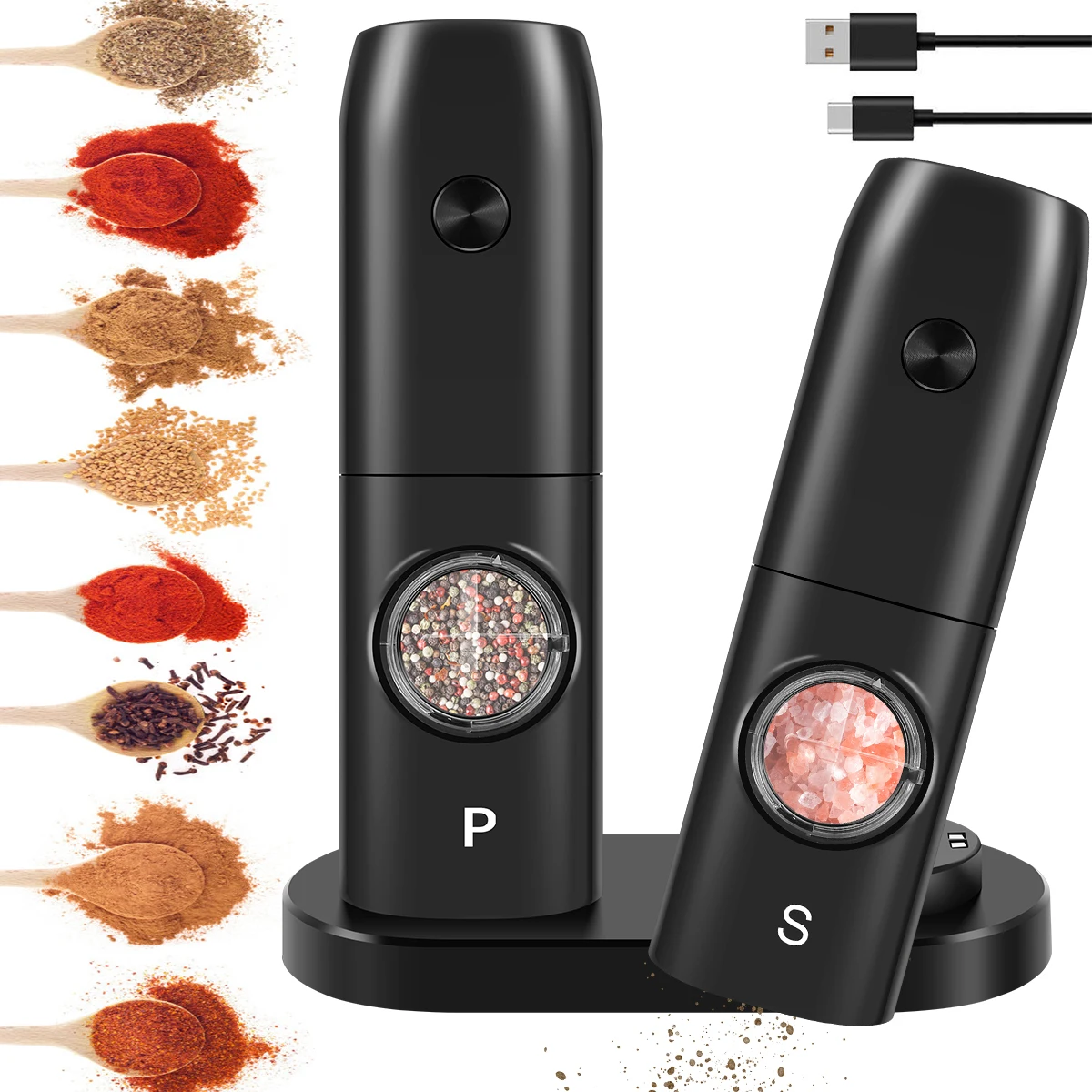 

2Pcs 70ML Electric Pepper and Salt Grinder Refillable Pepper and Salt Mill with Charging Base USB Rechargeable Spice Mill