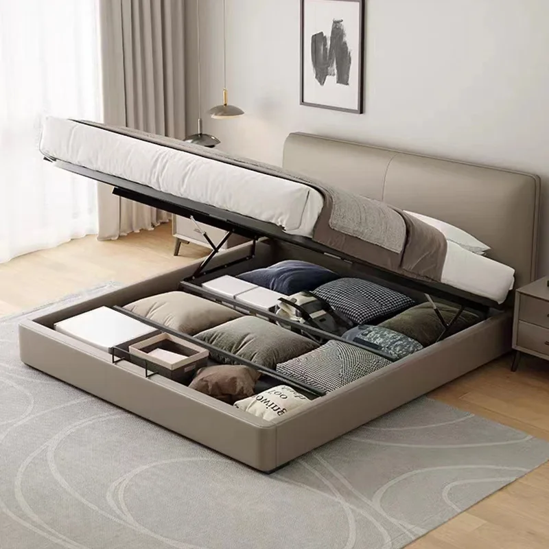 Italian minimalist leather bed, first layer cowhide modern minimalist bed, light luxury master bed