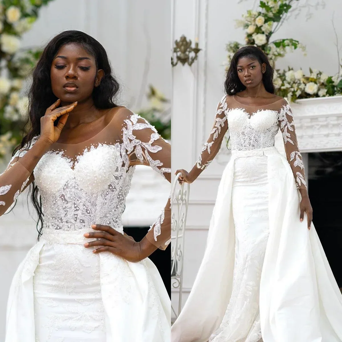 Customized Scoop Neck Shinny  Appliques Pearls  Wedding Dress  Robe De Mariée Long Sleeves Bridal Gown with Removable Skirt