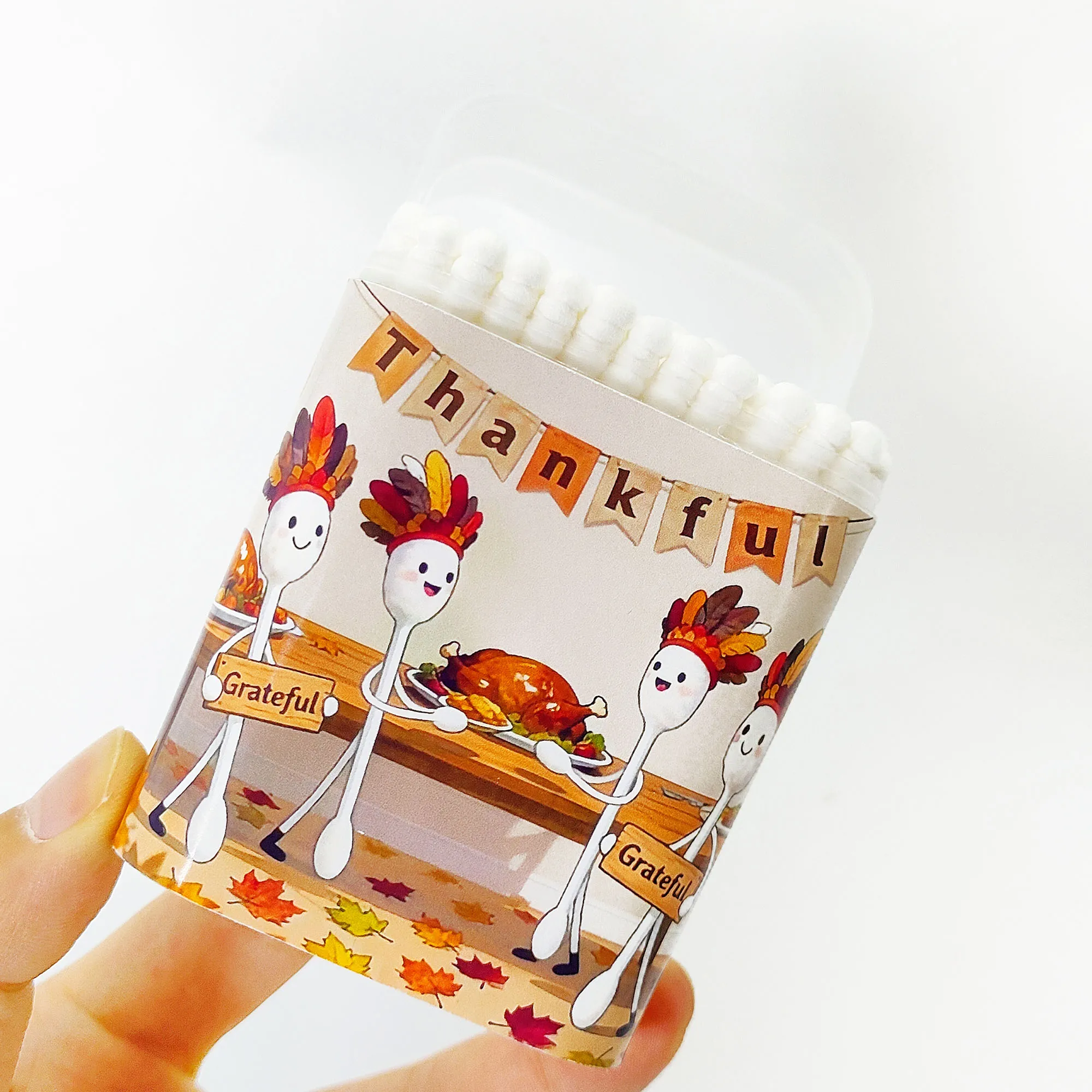 200 hisopos de algodón con temática para fiesta de Acción de Gracias, fiesta de celebración de Acción de Gracias, palos de algodón gruesos con cuchara en espiral de doble punta.