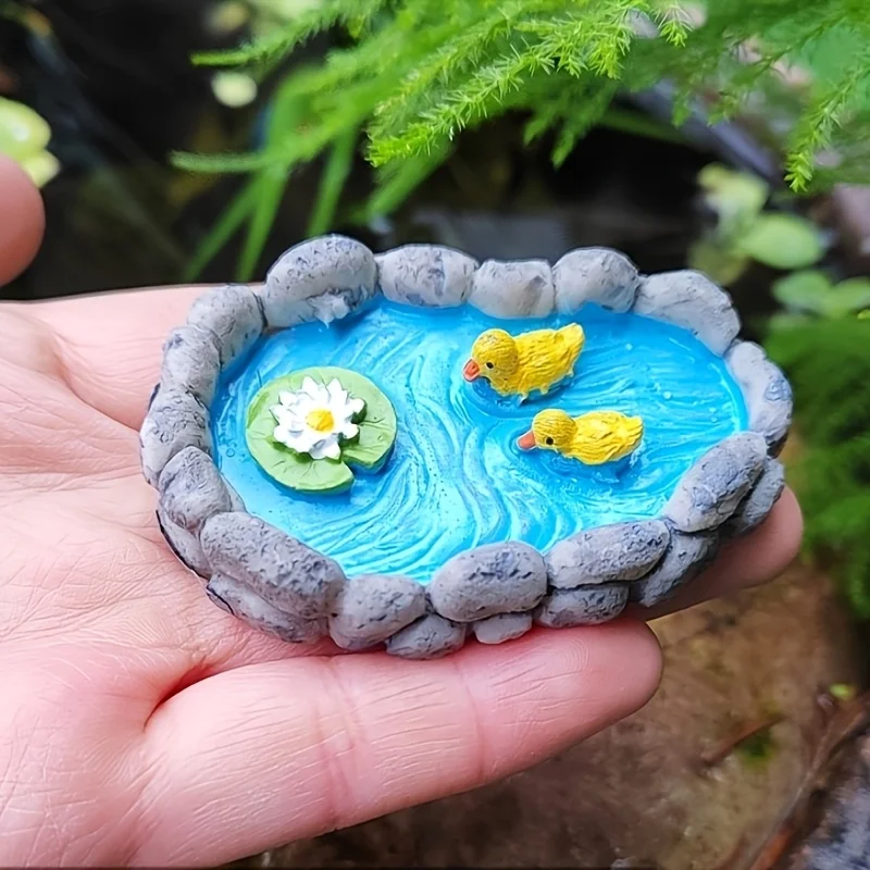 Whimsical Resin Animal Figurine Set Modern 3D Mini Pond with Duck Frog Turtle Floor Mount Fairy Garden Decor