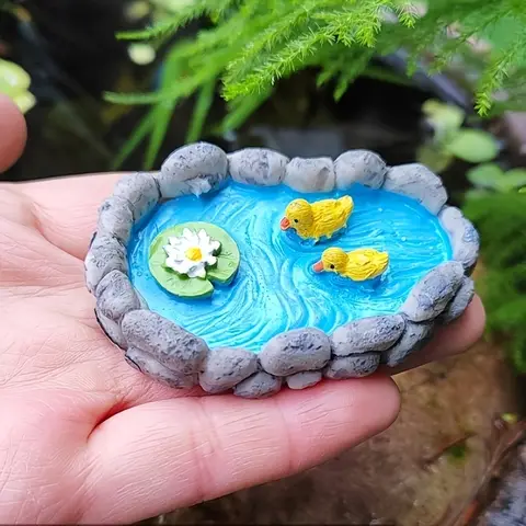 Whimsical Resin Animal Figurine Set Modern 3D Mini Pond with Duck Frog Turtle Floor Mount Fairy Garden Decor