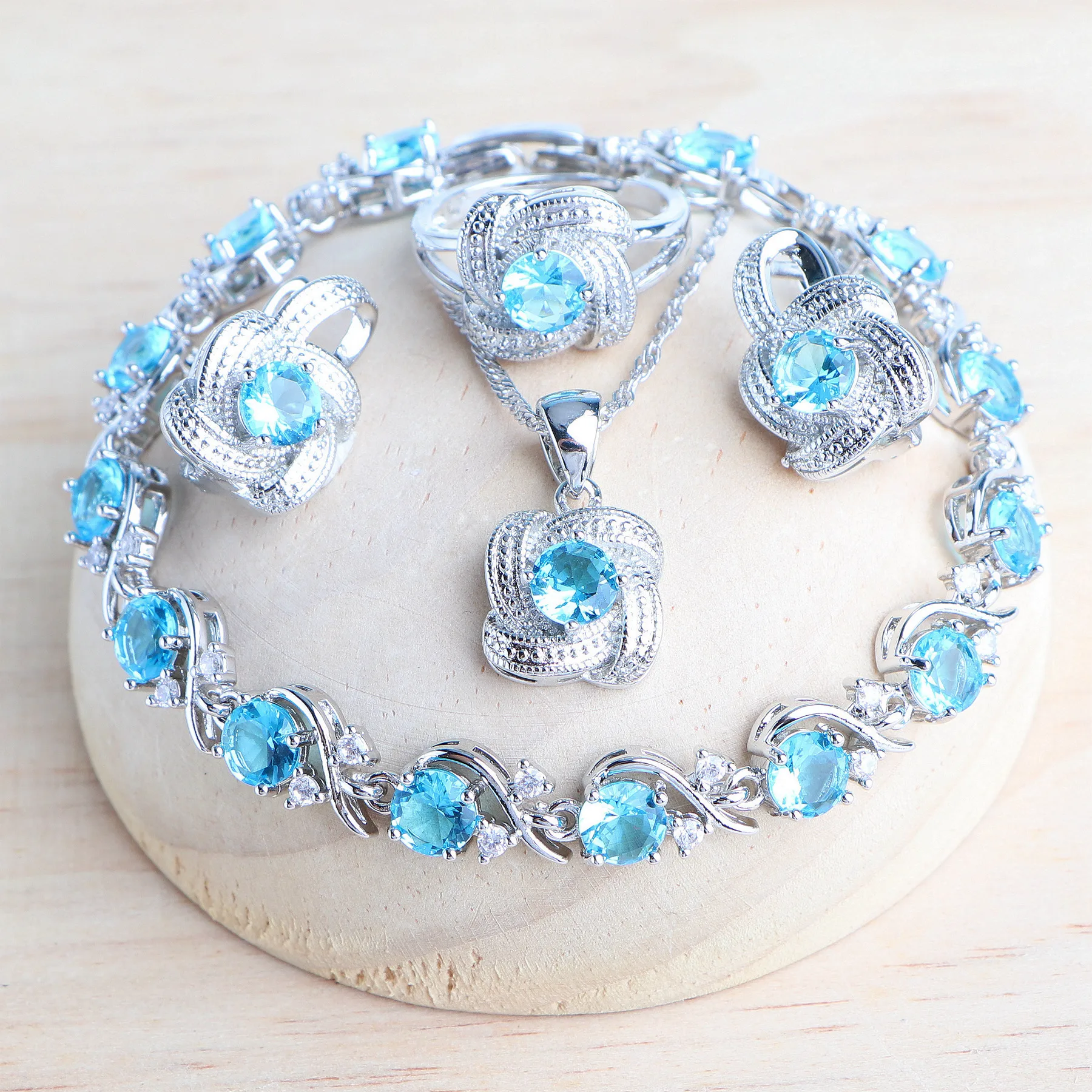 Blaue Zirkonia-Damen-Schmucksets aus 925er-Sterlingsilber, Hochzeit, Braut, Kostüm, Schmuck, Ohrringe, Ringe, Armbänder, Anhänger, Halskette
