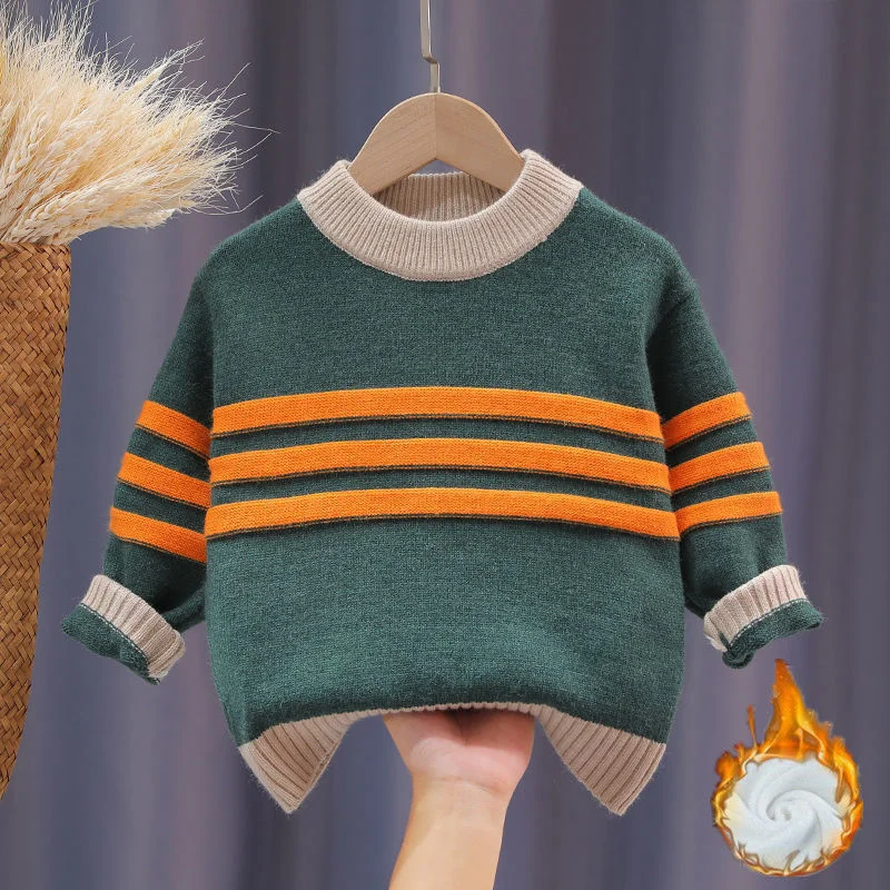 Boys Woolen Sweater Crochet Cotton Windbreak 2023 Stripe Thicken Autumn Winter Pullover High Quality Children's Clothing