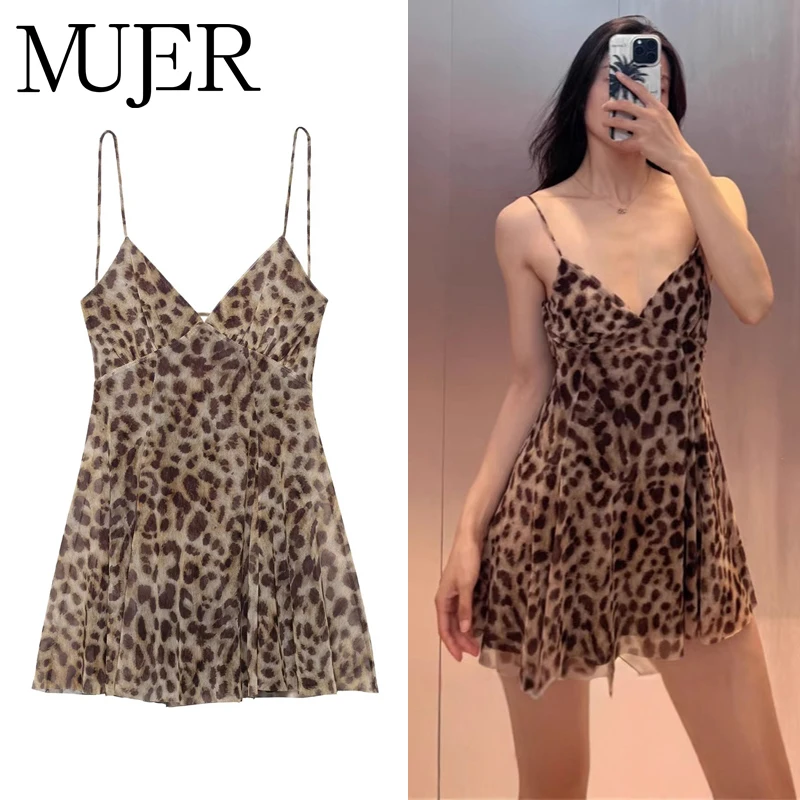Vestido Mini de Tul con Estampado de Leopardo para Mujer 2025, Escote en la Espalda, Corto para Fiesta
