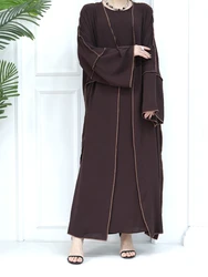 2 Piece Abaya Sets Crepe Hook Edge Kimono and Sleeveless Slip Dress Muslim Woman Set Islamic Matching Outfit Dubai Turkey Kaftan