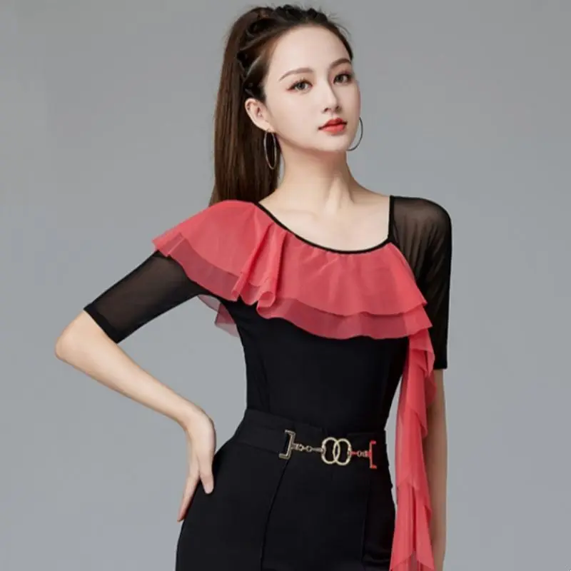 Modern Dance Practice Suit Top Women's Latin Dance Short Sleeve Breathable One-Piece Sexy Slim Fit Polyester T-Shirt
