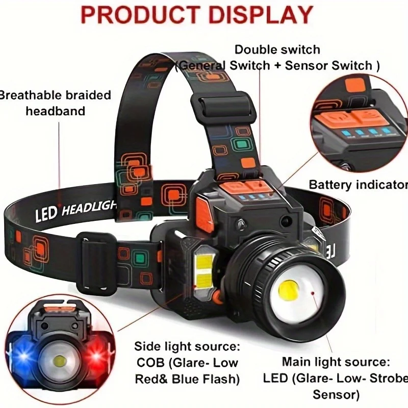 Headlights rechargeable, focus adjustable, 90° adjustable, 3 beam mode, ideal for outdoor camping, camping gear, fishing