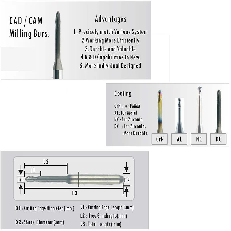 1 fresas de carburo Dental fresas para CAD CAM fresas de extremo para Zirconia Yena equipo de odontología herramientas de laboratorio brocas